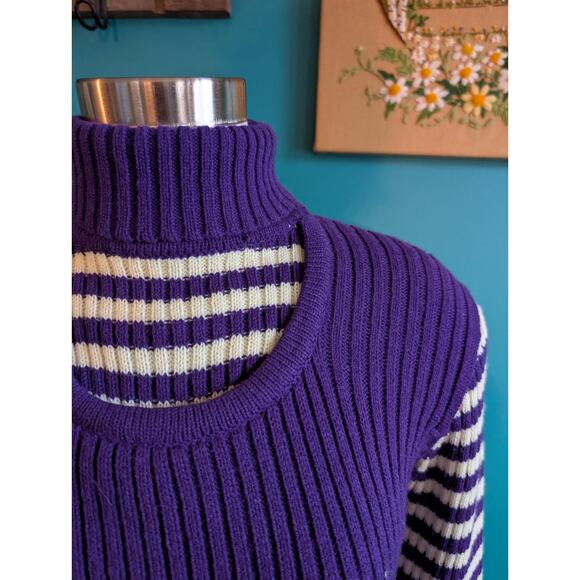 Vintage 60s purple and white striped acrylic turtleneck sweater mod retro - Picture 2 of 4